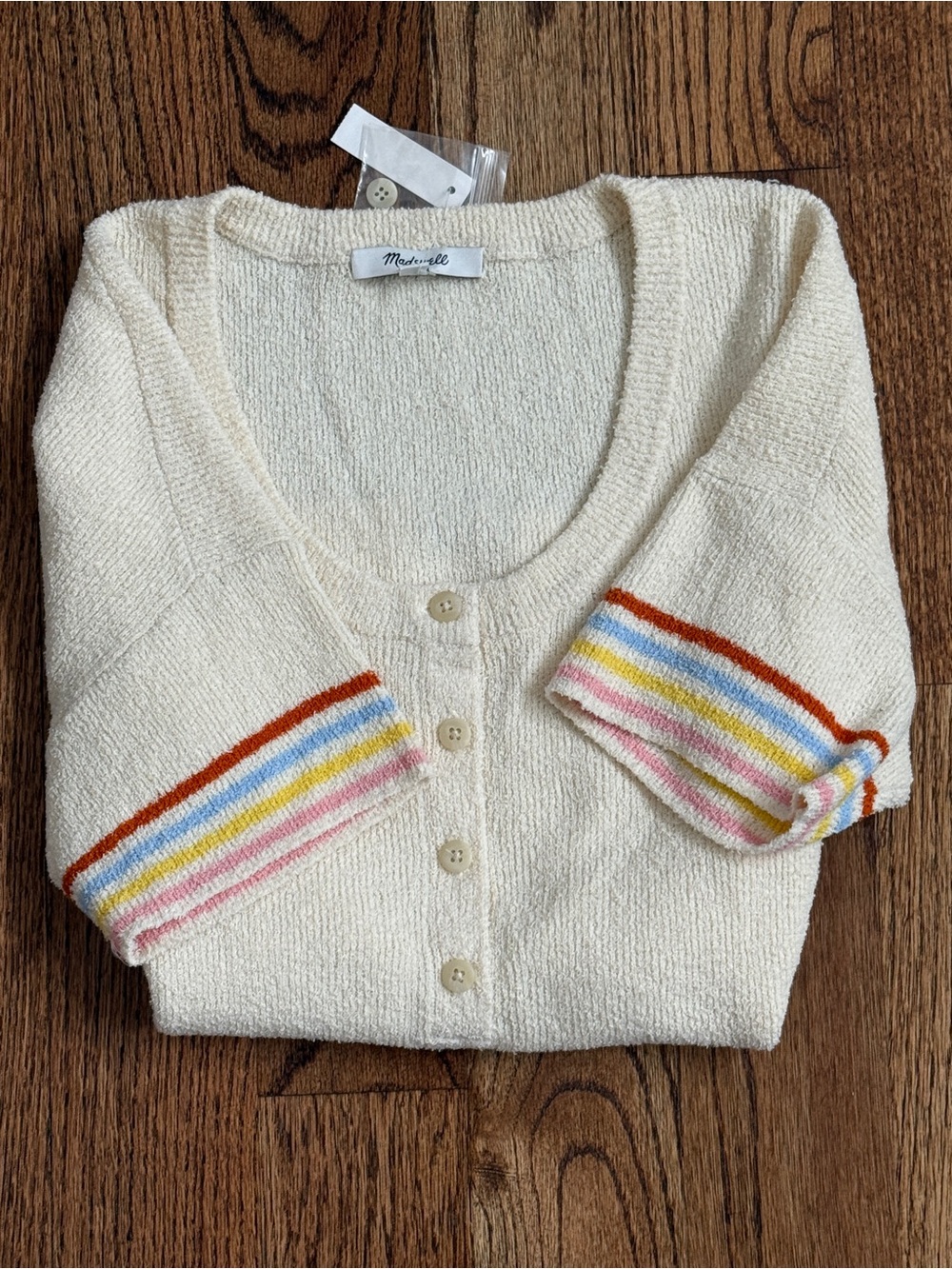 Madewell Cream Button-Front Sweater with Rainbow Stripe Cuff - Picture 5 of 6